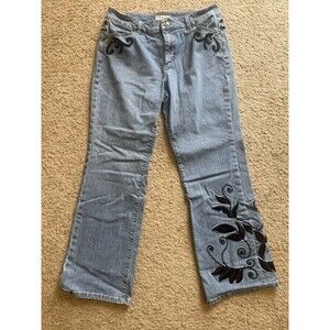 Coldwater Creek Vintage Y2k Denim Jeans Petite P12 Embroidered Black Floral